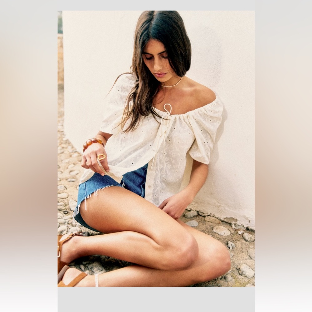 Sezane White Eyelet Puff-Sleeve Peasant Blouse